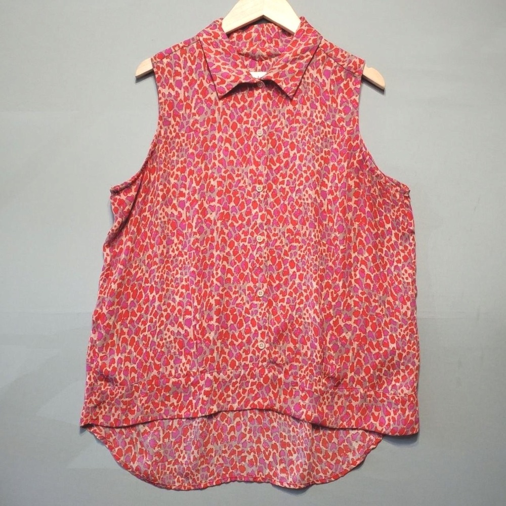 CAbi Heartbreaker Button Up Blouse Womens L Beige Pink Abstract Animal Print Y2K